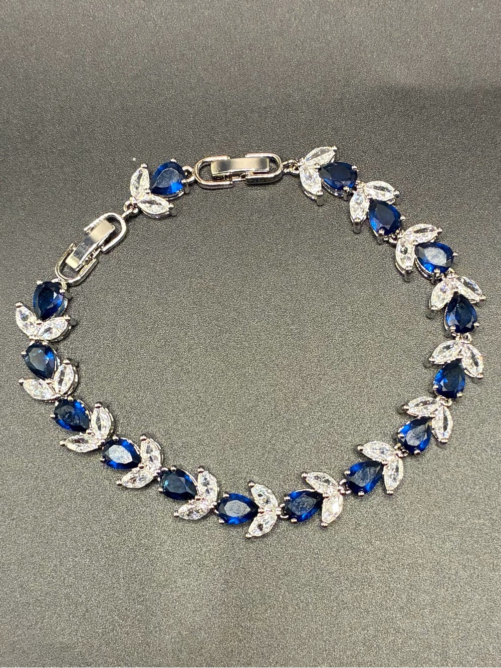 Elegant Blue Sapphire Teardrop Bracelet with Clear Crystal Accents Sterling